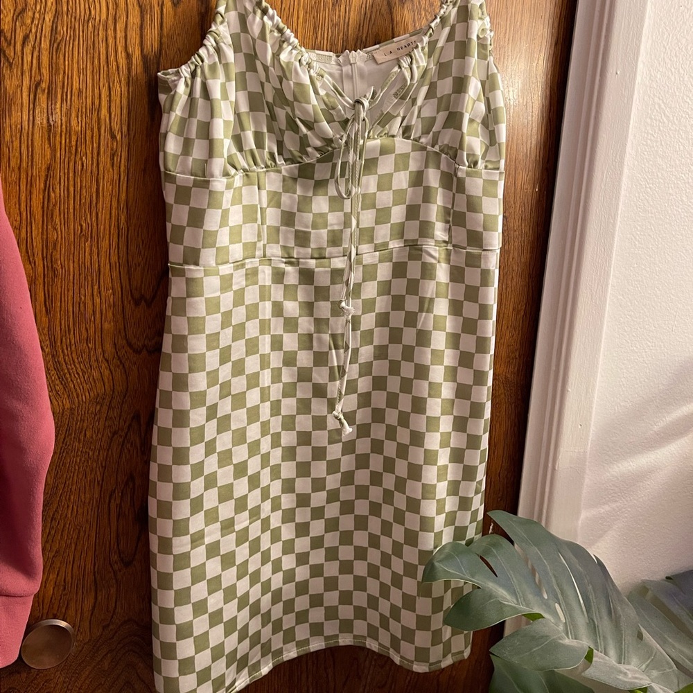 Green checkered satin slip dress